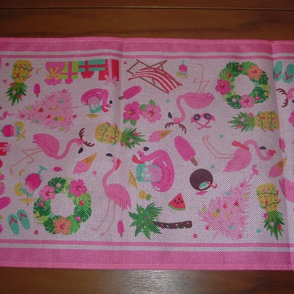 Pink Flamingo Table Runner MCM Christmas Palm Trees  LONG 70" x 13" MINT! - Picture 1 of 6
